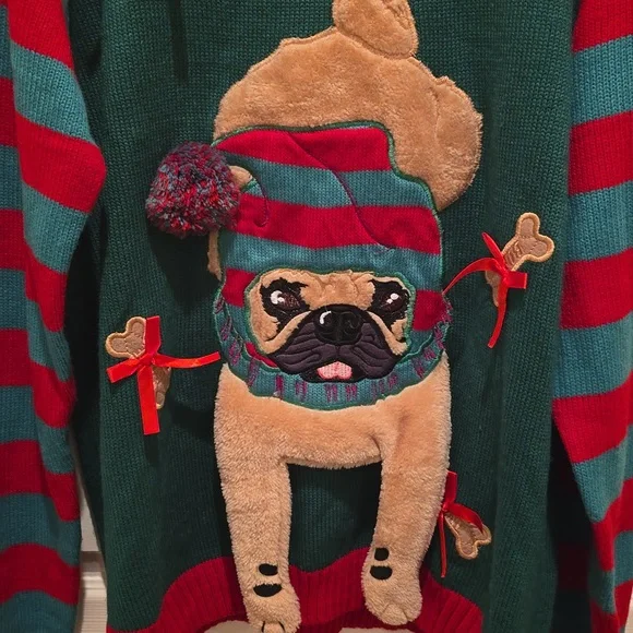 33 Degrees Christmas Holiday Green and Red Pug Dog Sweater - Picture 2 of 6